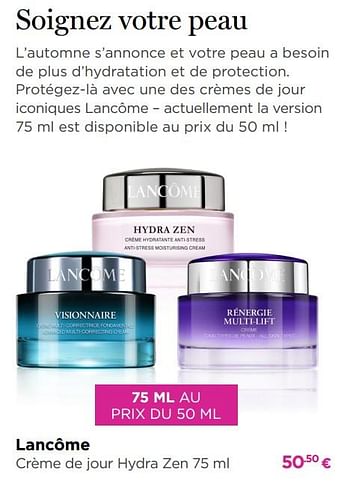 Promotions Lancôme crème de jour hydra zen - Lancome - Valide de 03/09/2018 à 30/09/2018 chez ICI PARIS XL