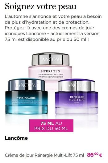 Promotions Lancôme crème de jour rénergie multi-lift - Lancome - Valide de 03/09/2018 à 30/09/2018 chez ICI PARIS XL