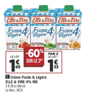 Promotions Crème fluide + légère elle + vire 4% mg - Elle & Vire - Valide de 04/09/2018 à 18/09/2018 chez Géant Casino
