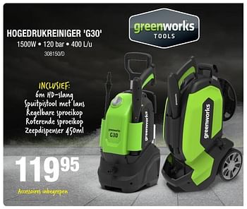 Promoties Greenworks hogedrukreiniger `g30` - Greenworks - Geldig van 06/09/2018 tot 23/09/2018 bij HandyHome
