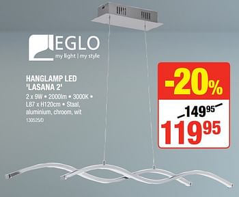 Promoties Hanglamp led `lasana 2` - Eglo - Geldig van 06/09/2018 tot 23/09/2018 bij HandyHome