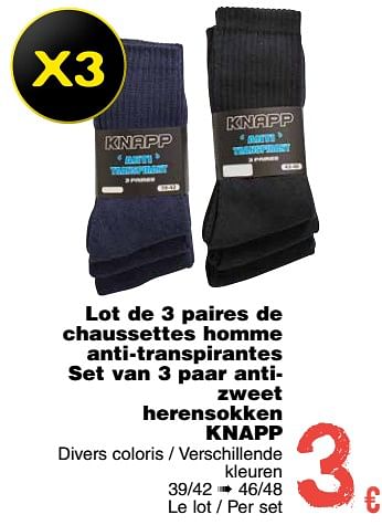 Promoties Lot de 3 paires de chaussettes homme anti - transpirantes set van 3 paar anti- zweet herensokken knapp - KNAPP - Geldig van 11/09/2018 tot 24/09/2018 bij Cora