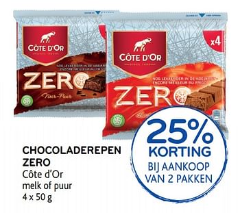 Promoties Chocoladerepen zero 25% korting bij aankoop van 2 pakken - Cote D'Or - Geldig van 12/09/2018 tot 25/09/2018 bij Alvo