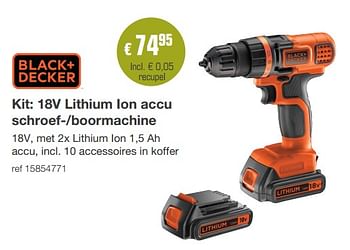 Promoties Black + decker kit: 18v lithium ion accu schroef--boormachine - Black & Decker - Geldig van 20/08/2018 tot 23/09/2018 bij Europoint