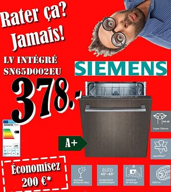 Promotions Siemens lv intégré sn65d002eu - Siemens - Valide de 01/09/2018 à 30/09/2018 chez Electro Zschau