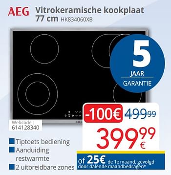 Promoties Aeg vitrokeramische kookplaat 77 cm hk834060xb - AEG - Geldig van 01/09/2018 tot 30/09/2018 bij Eldi