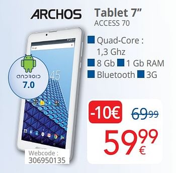Promoties Archos tablet 7`` access 70 - Archos - Geldig van 01/09/2018 tot 30/09/2018 bij Eldi
