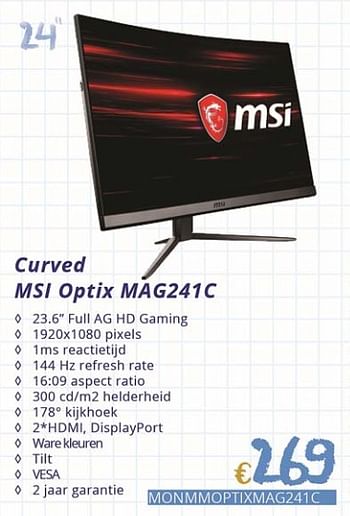 Promoties Curved msi optix mag241c - MSI - Geldig van 01/09/2018 tot 30/09/2018 bij Compudeals