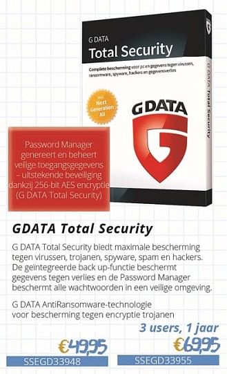 Promotions G data total security - G Data - Valide de 01/09/2018 à 30/09/2018 chez Compudeals