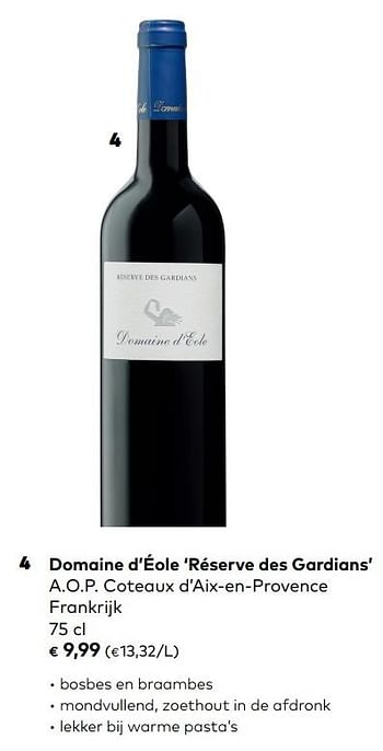 Promoties Domaine d`éole réserve des gardians - Rode wijnen - Geldig van 05/09/2018 tot 02/10/2018 bij Bioplanet