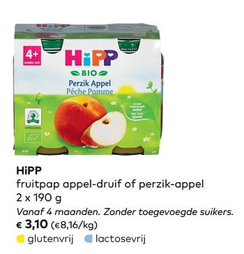 Promoties Hipp fruitpap appel-druif of perzik-appel - Hipp - Geldig van 05/09/2018 tot 02/10/2018 bij Bioplanet