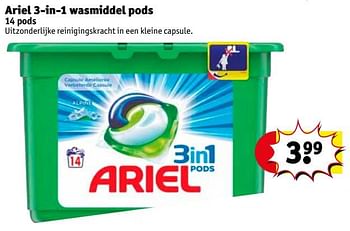 Promotions Ariel 3-in-1 wasmiddel pods - Ariel - Valide de 11/09/2018 à 23/09/2018 chez Kruidvat