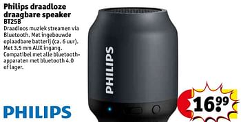 Promoties Philips draadloze draagbare speaker bt25b - Philips - Geldig van 11/09/2018 tot 23/09/2018 bij Kruidvat