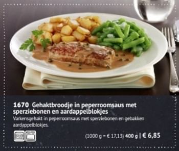 Promoties Gehaktbroodje in peperroomsaus met sperziebonen en aardappelblokjes - Huismerk - Bofrost - Geldig van 01/09/2018 tot 26/02/2019 bij Bofrost