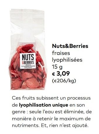 Promotions Nuts+berries fraises lyophilisées - Nuts & Berries - Valide de 05/09/2018 à 02/10/2018 chez Bioplanet