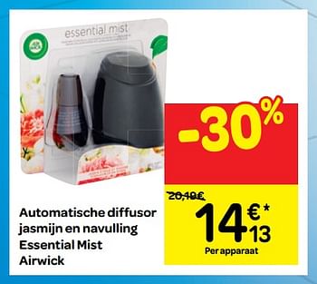 Promotions Automatische diffusor jasmijn en navulling essential mist airwick - Airwick - Valide de 12/09/2018 à 24/09/2018 chez Carrefour