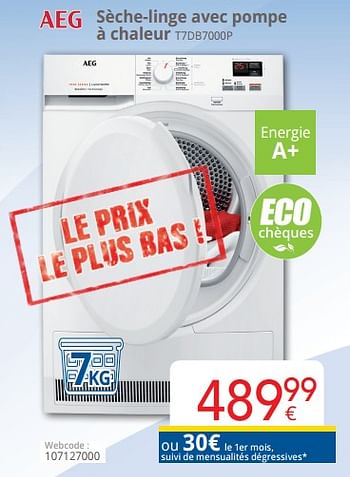 Promoties Aeg sèche-linge avec pompe à chaleur t7db7000p - AEG - Geldig van 01/09/2018 tot 30/09/2018 bij Eldi