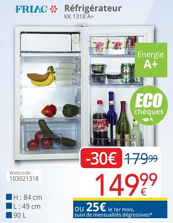 Promotions Friac réfrigérateur kk 1318 a+ - Friac - Valide de 01/09/2018 à 30/09/2018 chez Eldi