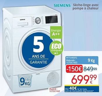 Promoties Siemens sèche-linge avec pompe à chaleur wt7u46sfg - Siemens - Geldig van 01/09/2018 tot 30/09/2018 bij Eldi