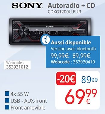 Promotions Sony autoradio + cd cdxg1200u.eur - Sony - Valide de 01/09/2018 à 30/09/2018 chez Eldi