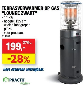 Promoties Practo terrasverwarmer op gas lounge zwart - Practo - Geldig van 12/09/2018 tot 23/09/2018 bij Hubo