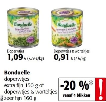 Promoties Bonduelle doperwtjes extra fijn of doperwtjes + worteltjes zeer fijn - Bonduelle - Geldig van 12/09/2018 tot 25/09/2018 bij Colruyt