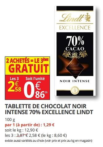 Promotions Tablette de chocolat noir intense 70% excellence lindt - Lindt - Valide de 12/09/2018 à 23/09/2018 chez Auchan Ronq