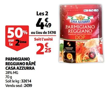 Promoties Parmigiano reggiano râpé casa azzurra - Casa Azzurra - Geldig van 12/09/2018 tot 18/09/2018 bij Auchan