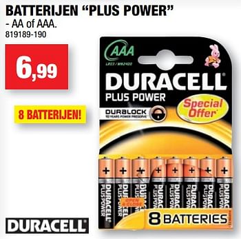 Promoties Batterijen plus power - Duracell - Geldig van 12/09/2018 tot 23/09/2018 bij Hubo