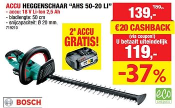 Promoties Bosch accu heggenschaar ahs 50-20 li - Bosch - Geldig van 12/09/2018 tot 23/09/2018 bij Hubo