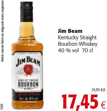 Promoties Jim beam kentucky straight bourbon whiskey - Jim Beam - Geldig van 12/09/2018 tot 25/09/2018 bij Colruyt