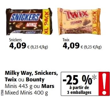 Promotions Milky way, snickers, twix ou bounty minis ou mars mixed minis - Mars Snacks - Valide de 12/09/2018 à 25/09/2018 chez Colruyt
