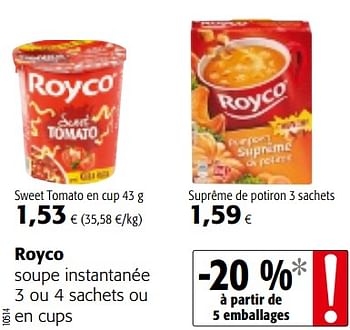 Promotions Royco soupe instantanée 3 ou 4 sachets ou en cups - Royco - Valide de 12/09/2018 à 25/09/2018 chez Colruyt
