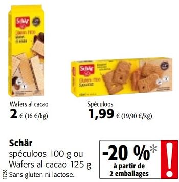Promotions Schär spéculoos ou wafers al cacao - Schar - Valide de 12/09/2018 à 25/09/2018 chez Colruyt