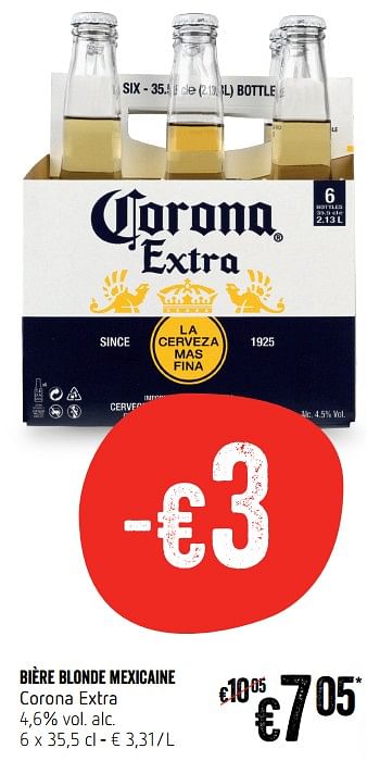 Promotions Bière blonde mexicaine corona extra - Corona - Valide de 13/09/2018 à 19/09/2018 chez Delhaize