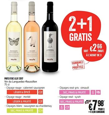 Promotions Pays d`oc i.g.p. 2017 vin du languedoc-roussillon - Vins rouges - Valide de 13/09/2018 à 19/09/2018 chez Delhaize