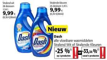 Promotions Dash alle vloeibare wasmiddelen stralend wit of stralende kleuren - Dash - Valide de 12/09/2018 à 25/09/2018 chez Colruyt