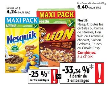 Promoties Nestlé nesquik toutes les céréales ou barres de céréales, lion wild ou caramel + chocolat, golden grahams, crunch ou cookie crisp - Nestlé - Geldig van 12/09/2018 tot 25/09/2018 bij Colruyt