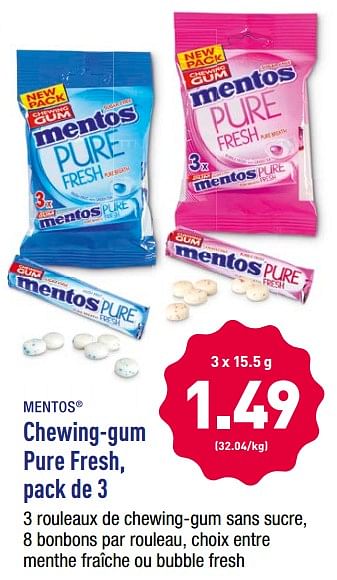 Promotions Chewing-gum pure fresh - Mentos - Valide de 17/09/2018 à 22/09/2018 chez Aldi