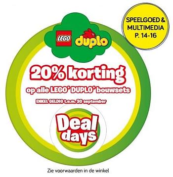 Promoties 20% korting op alle lego duplo bouwsets - Lego - Geldig van 18/09/2018 tot 23/10/2018 bij Supra Bazar