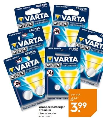 Promoties Knoopcelbatterijen premium - Varta - Geldig van 12/09/2018 tot 25/09/2018 bij Blokker