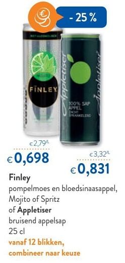 Promoties Pompelmoes en bloedsinaasappel, mojito of spritz of appletiser bruisend appelsap - Finley - Geldig van 12/09/2018 tot 25/09/2018 bij OKay