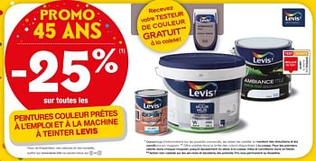 Promotions -25% sur toutes les peintures couleur prêtes à l`emploi et à la machine à teinter levis - Levis - Valide de 26/09/2018 à 08/10/2018 chez Brico