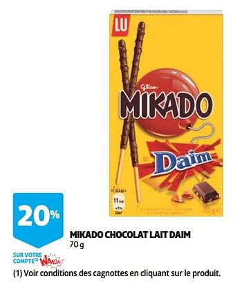 Promotions Mikado chocolat lait daim - Lu - Valide de 12/09/2018 à 25/09/2019 chez Auchan Ronq