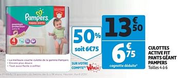 Promotions Culottes active fit pants géant pampers - Pampers - Valide de 12/09/2018 à 25/09/2019 chez Auchan Ronq