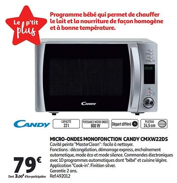 Promotions Micro-ondes monofonction candy cmxw22ds - Candy - Valide de 12/09/2018 à 25/09/2019 chez Auchan Ronq