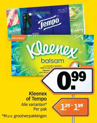 Promotions Kleenex of tempo - Kleenex - Valide de 17/09/2018 à 23/09/2018 chez Albert Heijn