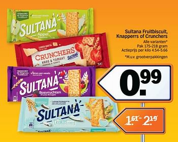 Promotions Sultana fruitbiscuit, knapperrs of crunchers - Sultana - Valide de 17/09/2018 à 23/09/2018 chez Albert Heijn