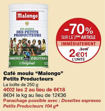 Promotions Café moulu malongo petits producteurs - Malongo - Valide de 12/09/2018 à 24/09/2018 chez MonoPrix