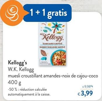 Promotions Kellogg`s w.k. kellogg muesli croustillant amandes-noix de cajou-coco - Kellogg's - Valide de 12/09/2018 à 25/09/2018 chez OKay